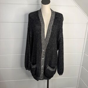 Vintage 100% Pure Wool DKNY Donna Karan New York Oversized Cardigan Black Gray